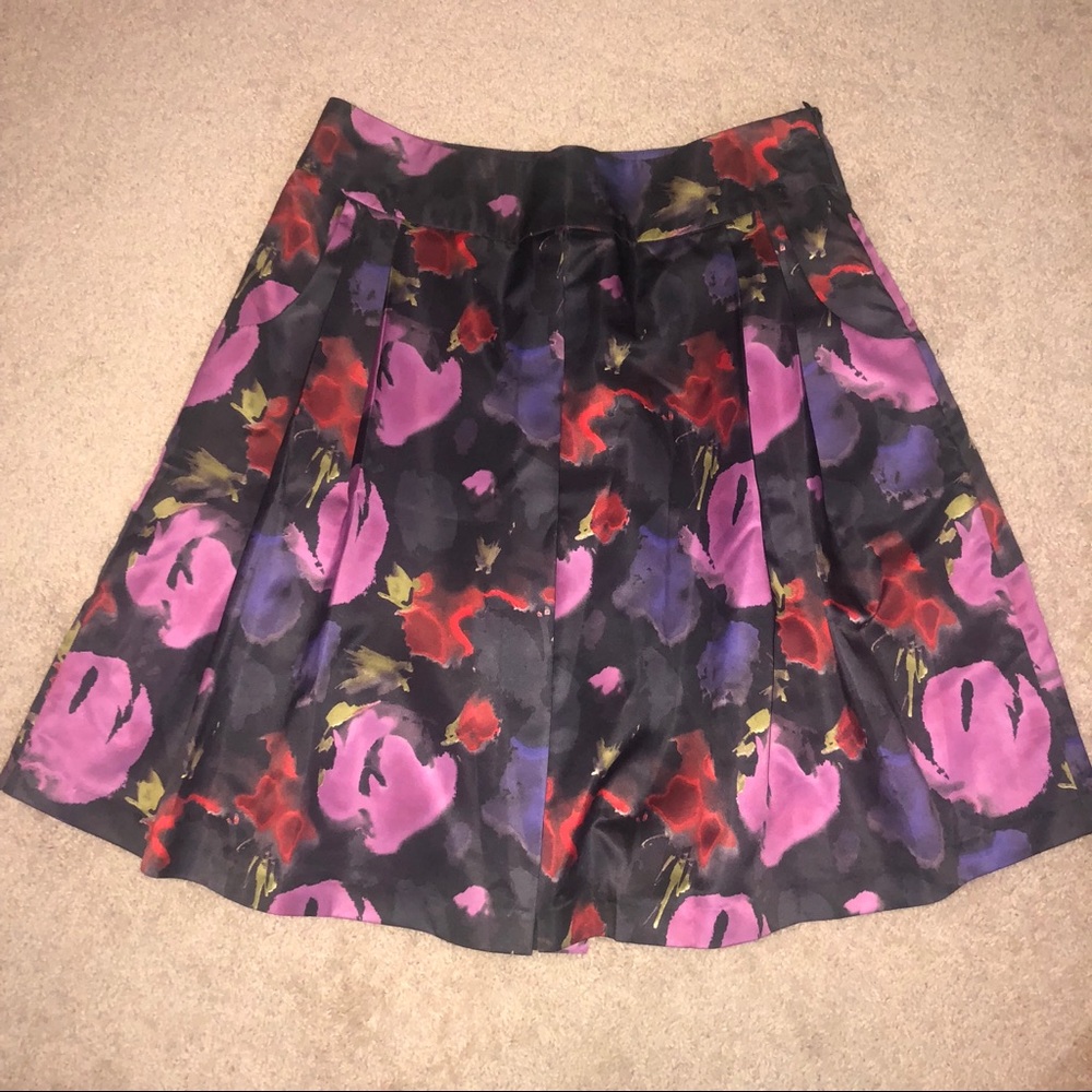 Floral A-Line Midi Skirt in Black with Pink & Red Blooms